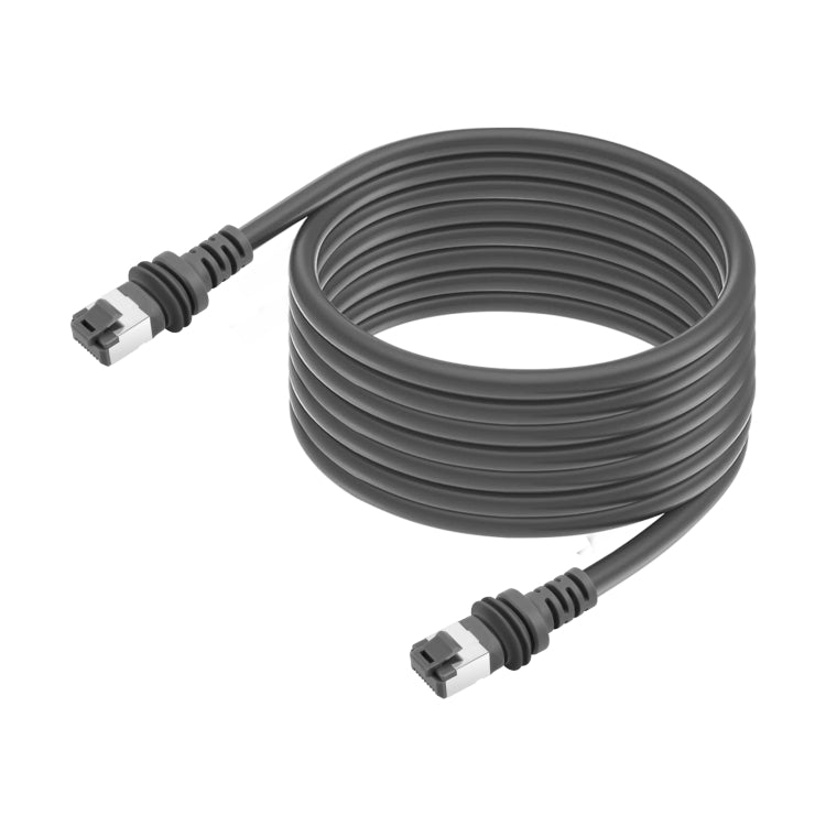 Coiled gray RJ45 Ethernet cable with molded boots and two RJ45 plug ends