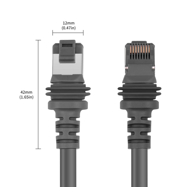 RJ45 Ethernet plug connectors with black strain relief, front and side views