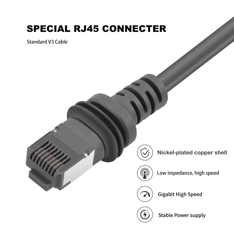 Gray RJ45 Ethernet cable with special RJ45 connector and ribbed strain relief
