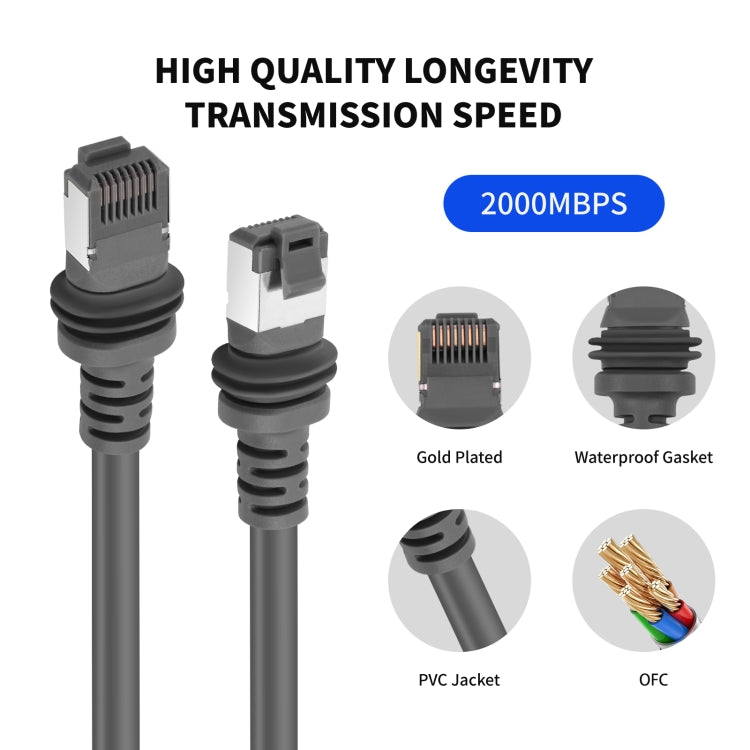 Gray RJ45 Ethernet cable end with gold-plated contacts and molded waterproof gasket