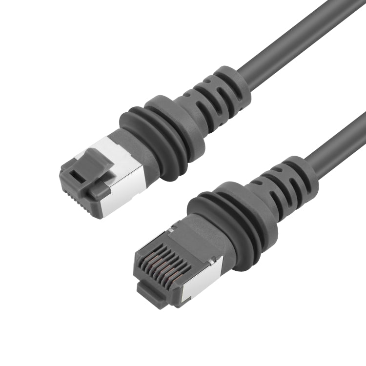 Gray RJ45 Ethernet cable with two RJ45 plug ends and ribbed cable strain relief