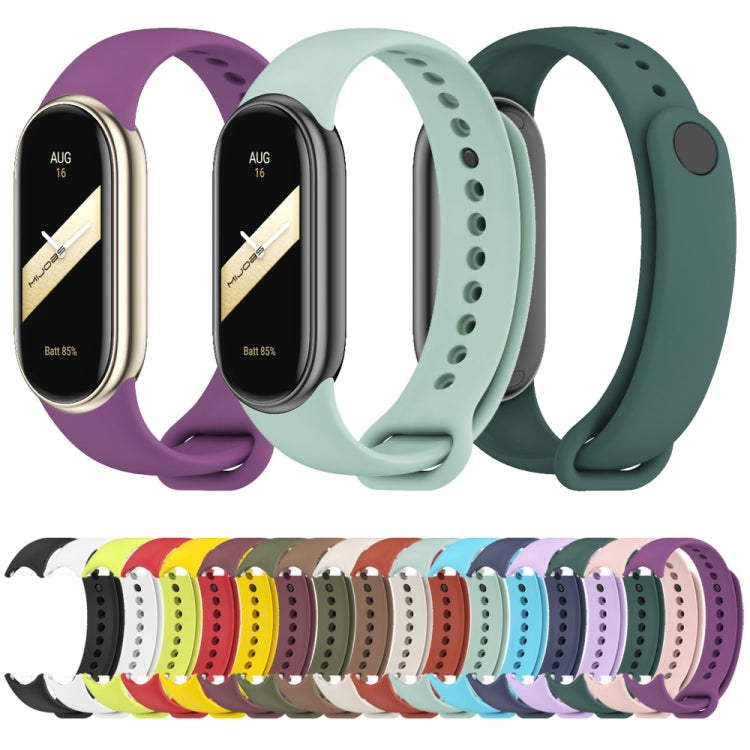 Three silicone smart bands with metal buckles, plus a row of color options