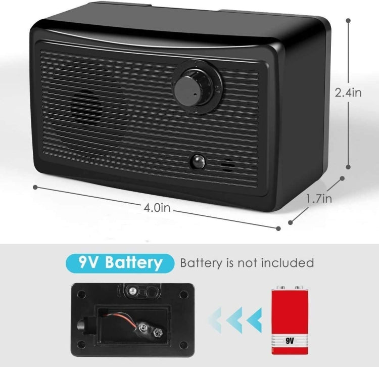 Compact black ultrasonic bark control unit, speaker grille and control knob, size 4x2 in