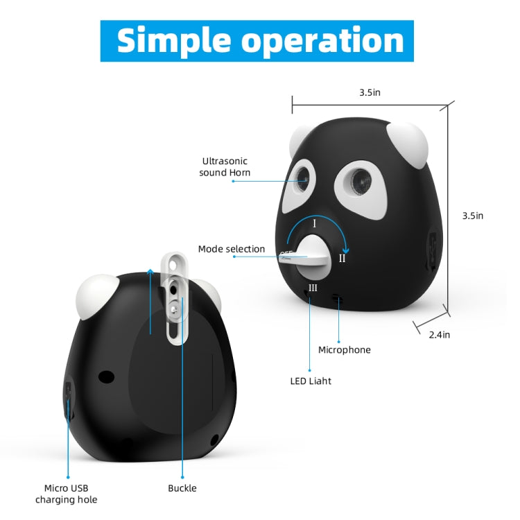Black ultrasonic bark stopper with microphone, LED light, and charging USB port details
