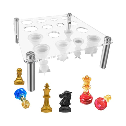 Clear acrylic chess mold stand with square top and four metal legs