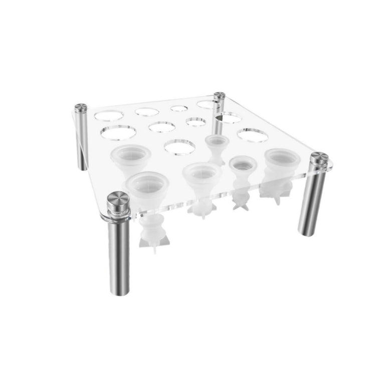 Clear acrylic chess mold stand with square plate and four silver legs