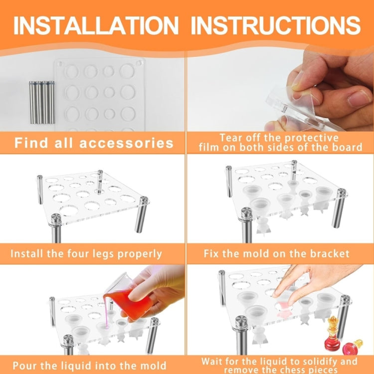 Clear acrylic chess mold stand with four legs and mold board