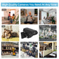 Black smart security camera shown in front of multiple use-case scenes