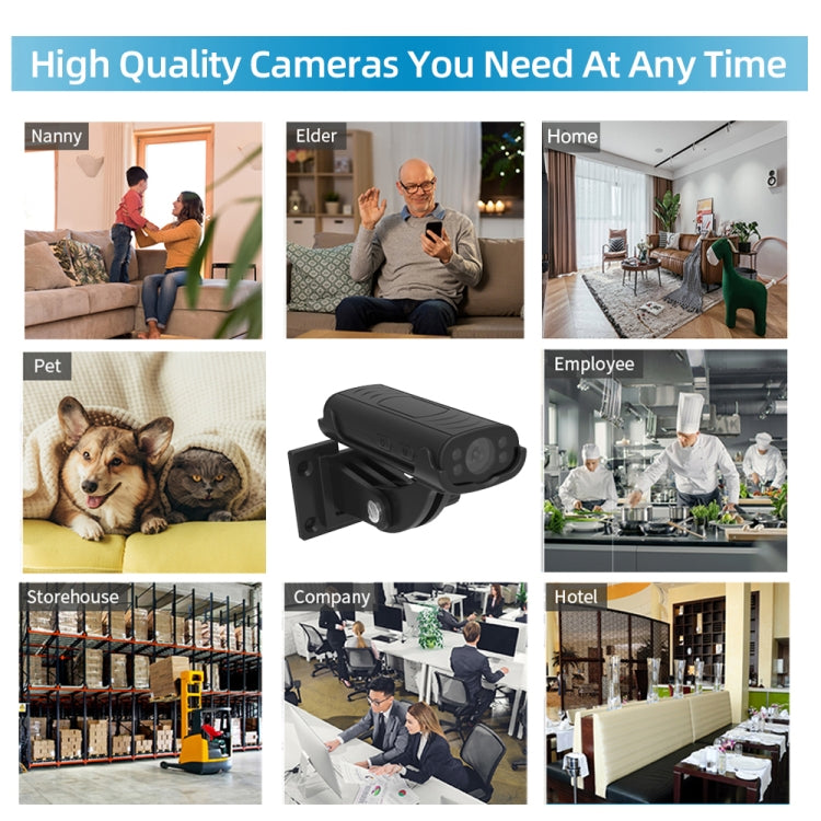 Black smart security camera shown in front of multiple use-case scenes