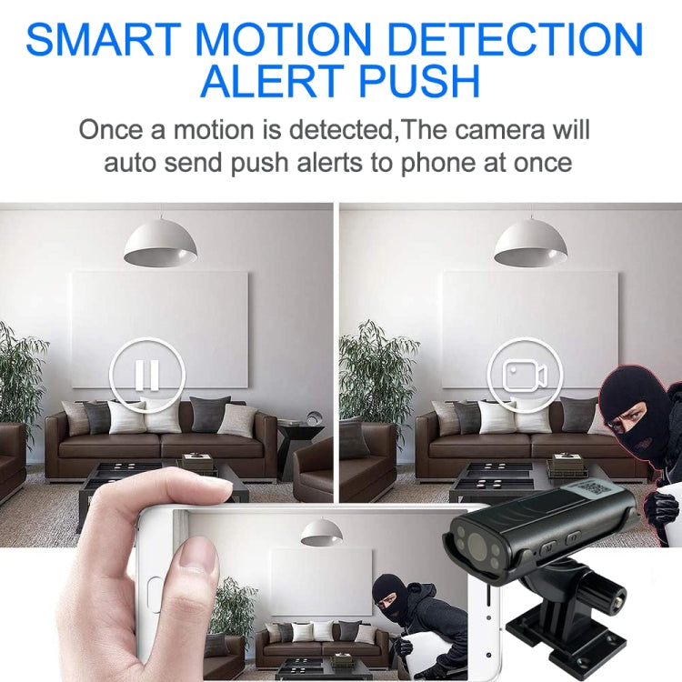 Black smart security camera beside a phone showing motion alert icons