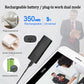 Black smart security camera with charging cable and battery icon labels