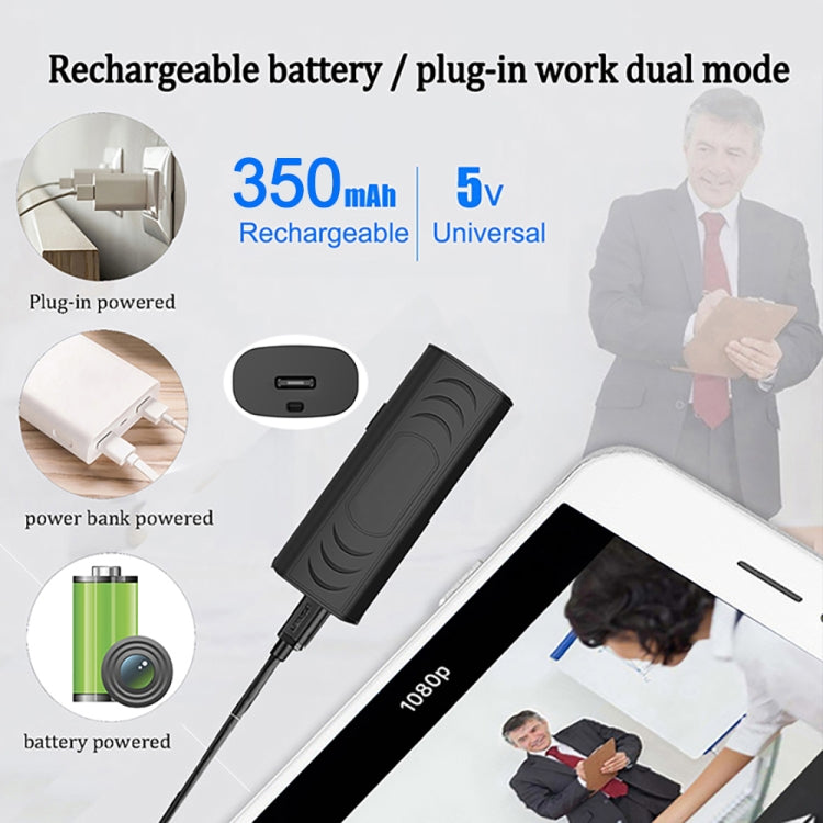 Black smart security camera with charging cable and battery icon labels