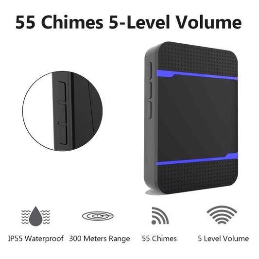 Wireless doorbell receiver with blue stripes and speaker grille, side controls visible.