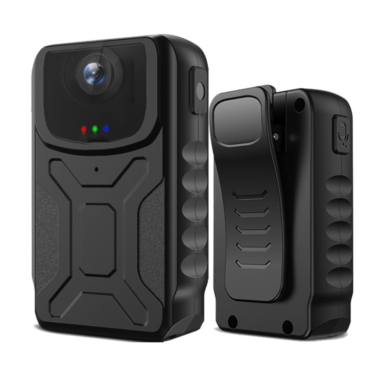 Wearable mini action camera with front lens and indicator lights, black rugged case