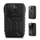 Wearable mini action camera with front lens and side buttons, black rugged case