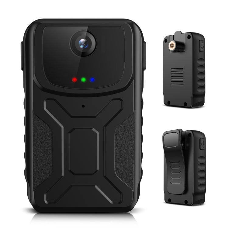 Wearable mini action camera with front lens and side buttons, black rugged case