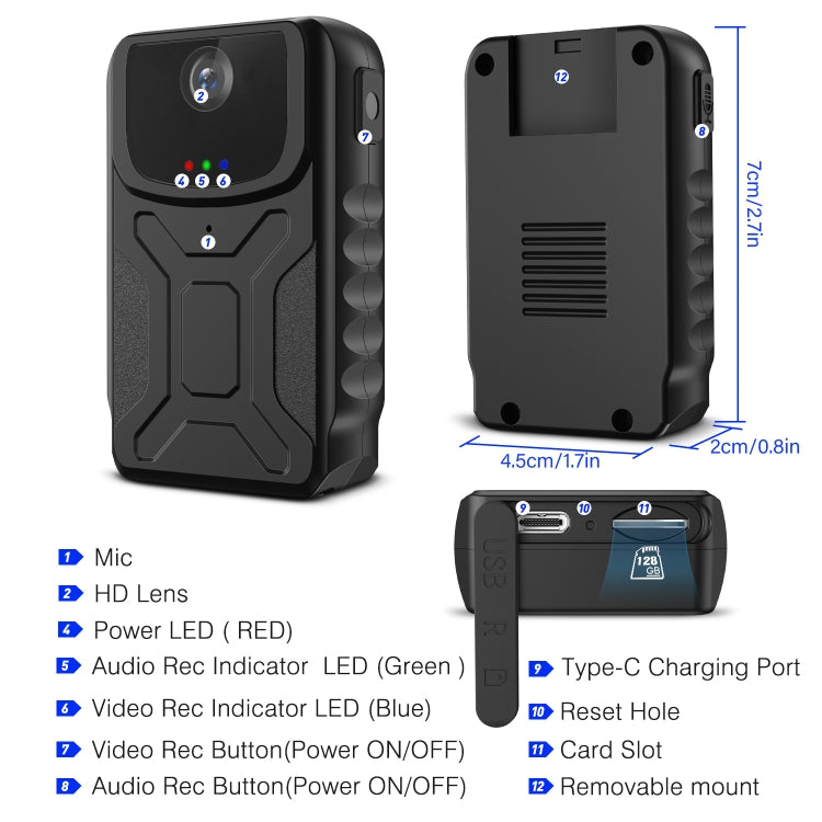 Wearable mini action camera rear view with rear ports and display, black rugged case