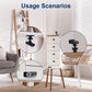 WiFi security camera on a desk stand, shown in room-use close-up circles