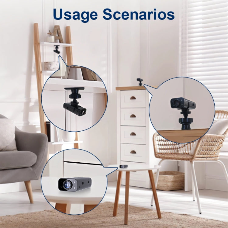 WiFi security camera on a desk stand, shown in room-use close-up circles