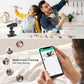 WiFi security camera on tabletop stand with smartphone app display nearby