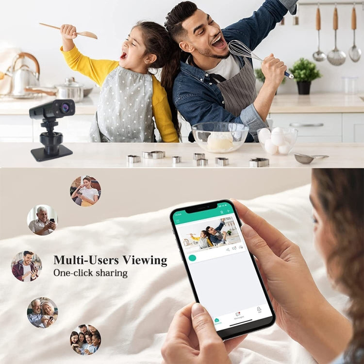 WiFi security camera on tabletop stand with smartphone app display nearby
