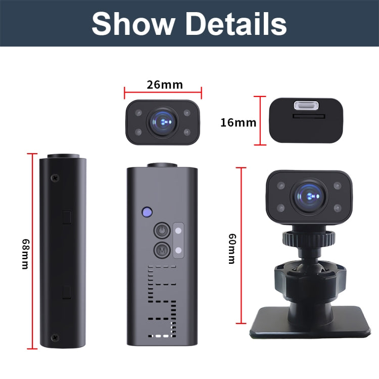 WiFi security camera dimension chart showing front, side, and stand views
