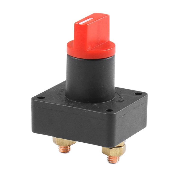 Car battery rotary isolator switch with red top and black base, two screw terminals