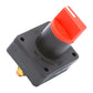 Car battery rotary isolator switch with red cap on black housing, mounting holes
