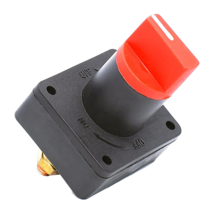 Car battery rotary isolator switch with red cap on black housing, mounting holes