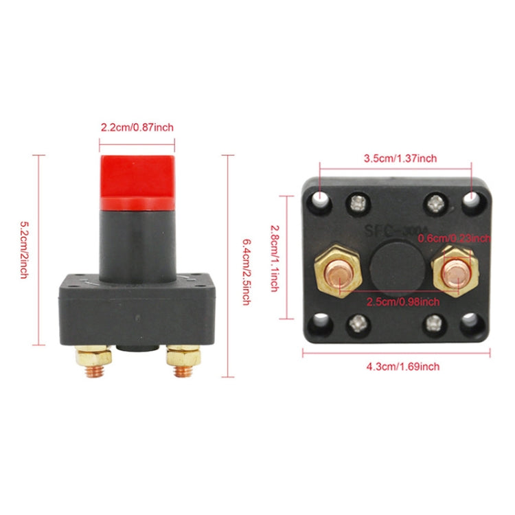 Car battery rotary isolator switch size diagram with black housing and red cap