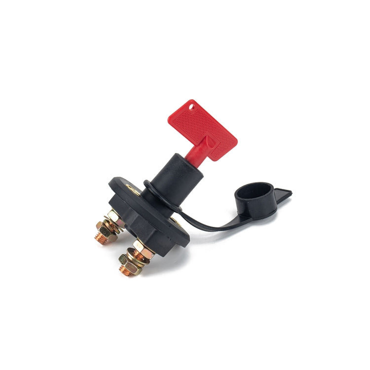 Car battery isolator rotary switch with red lever and black base, twin brass terminals