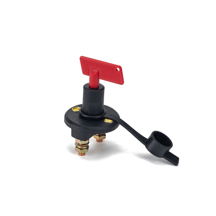 Battery selector switch with red handle, round black housing, and two copper lugs