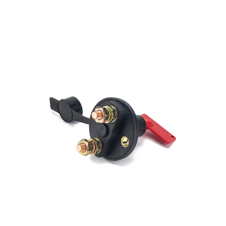 Rotary battery disconnect switch with red rocker, black dial, and three brass contact posts