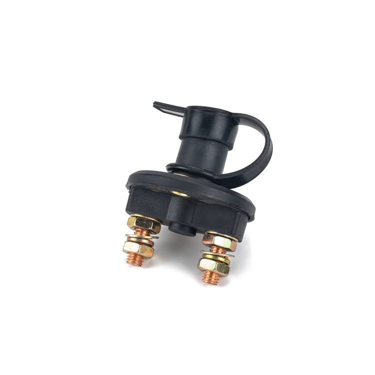 Car battery selector isolator switch with two threaded copper posts and black cable boot