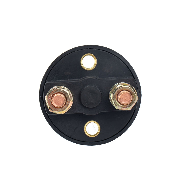 Circular rotary battery disconnect switch cover with three metal terminals and two indicator holes