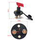 Rotary battery isolator switch with red lever and black housing, shown with size guide overlay