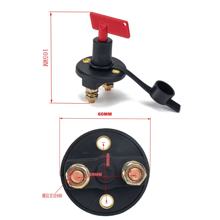 Rotary battery isolator switch with red lever and black housing, shown with size guide overlay