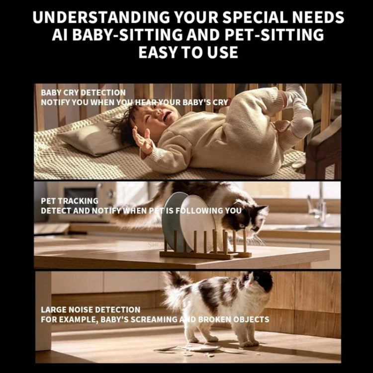 Security camera AI detection feature infographic for baby and pets