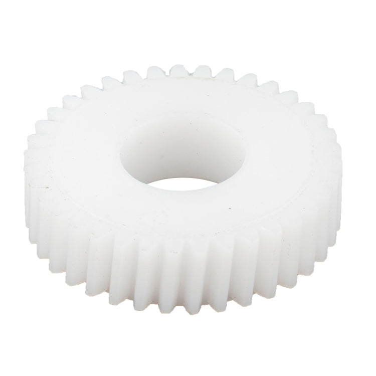 Power window regulator gear: white plastic spur gear with center bore and teeth