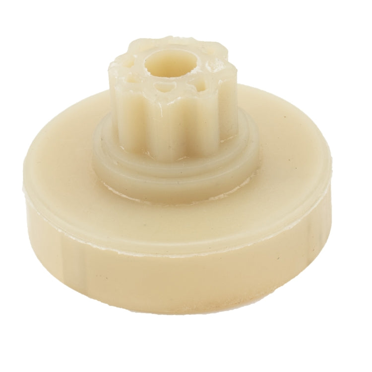 Power window regulator gear: tan plastic disc gear with center splined shaft