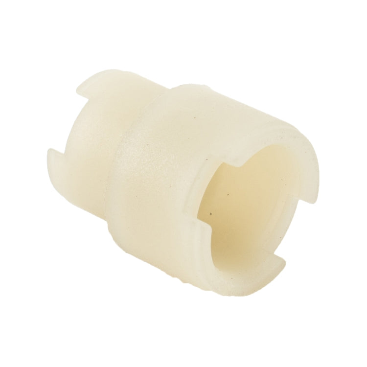 Power window regulator gear bushing: light tan plastic sleeve with side cutouts