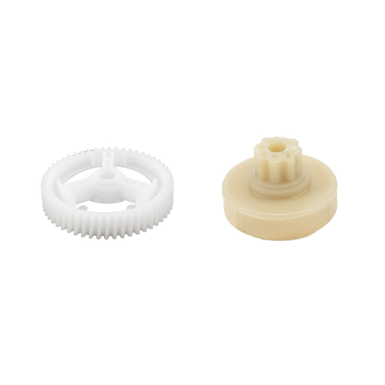 Power window regulator gear kit: white spur gear and tan disc gear with center shaft