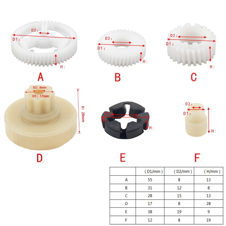 Power window regulator gear kit with measurement diagram for white, tan, and black parts