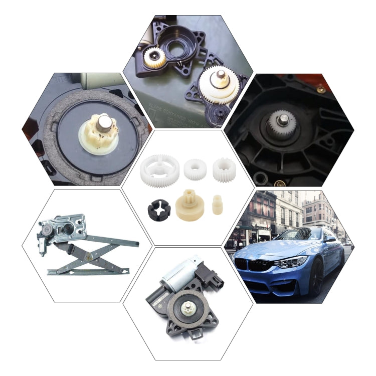 Power window regulator kit components: gears, motor parts, and mounting hardware set