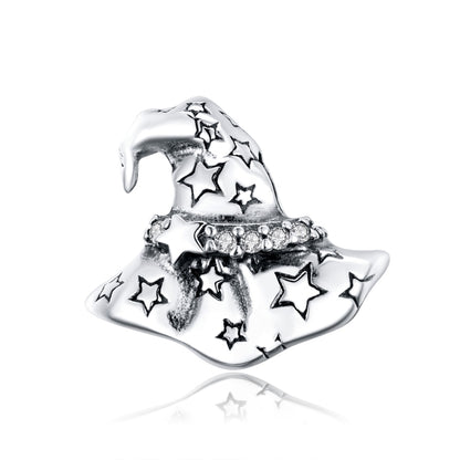 Sterling silver witch hat charm with star cutouts and pave CZ band