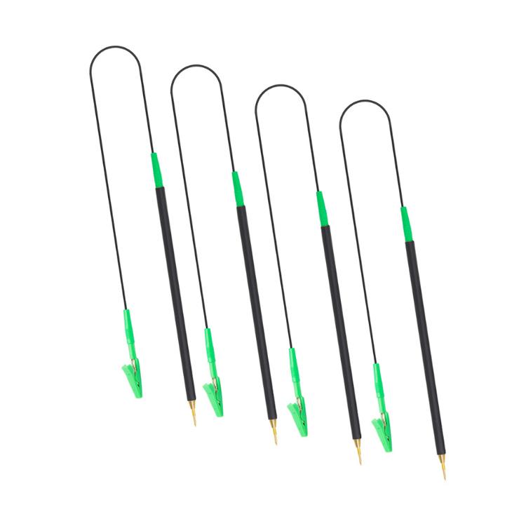 Four BDM diagnostic probes on black leads with arched frames and green grips