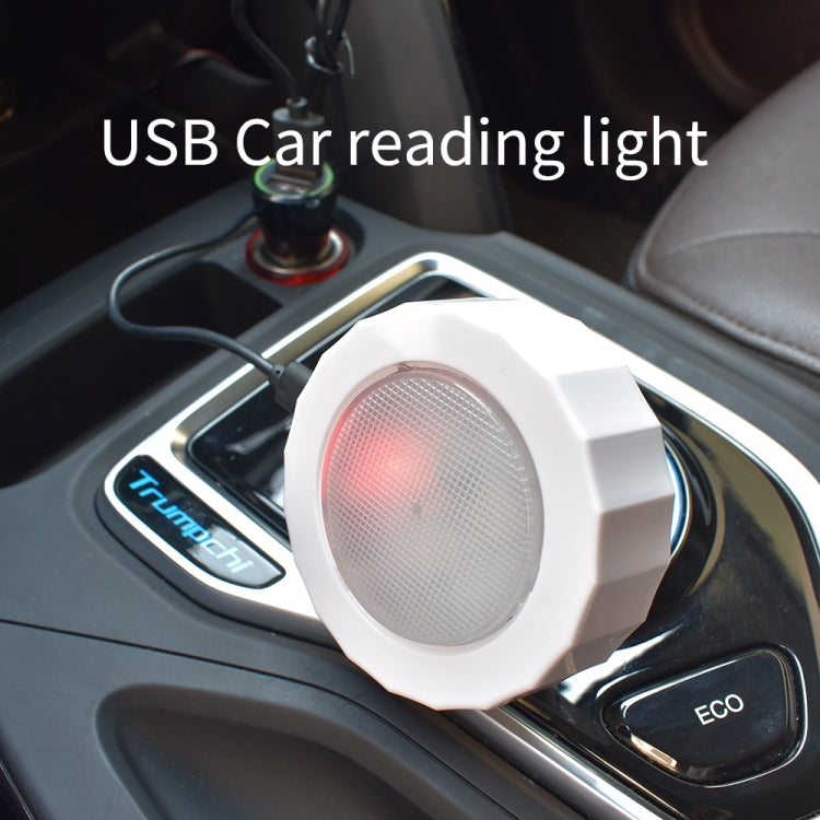 USB car LED reading light, white housing with round LED diffuser on car console