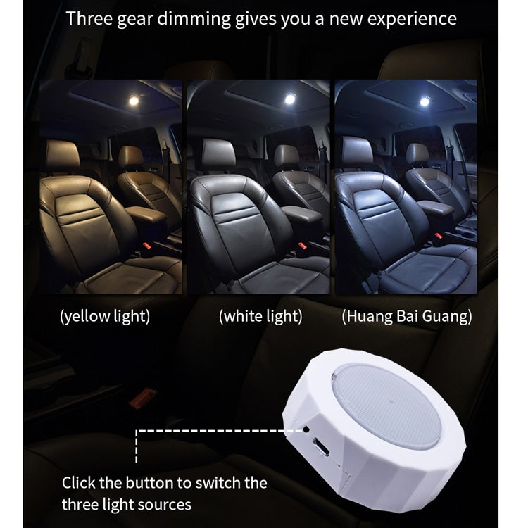 USB car LED reading light device with white housing and round LED diffuser panel