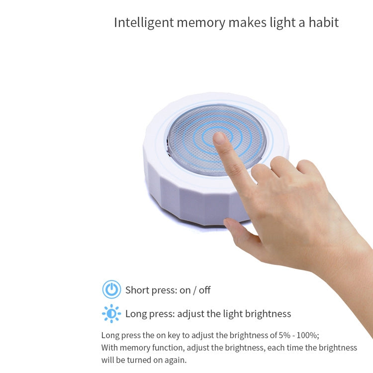 USB car LED reading light, white housing with circular LED panel and fingertip touch