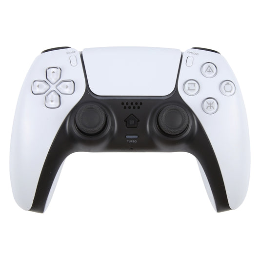 Wireless game controller in white with black grips and analog sticks, front view